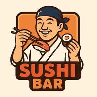 Person Eating Sushi with Chopsticks and Holding a Roll Smiling vector