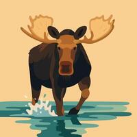 Moose Wading Through Water Illustration in a Flat Design Style vector