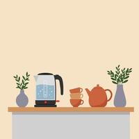 Preparing Tea Time Still Life with Kettle Cups and Teapot vector