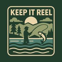 Fishing Adventure Badge with Angler Catching Fish in Mountain Lake vector