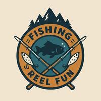 Fishing Adventure Emblem with Rods, Fish, and Mountain Illustration vector