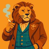 Lion in Suit Smoking Cigarette Retro Style Animal Character Illustration vector