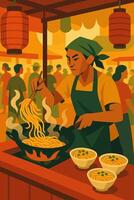 Cooking Noodles at Street Food Stall with Crowd and Lanterns vector