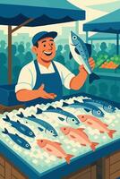 Fishmonger Selling Fresh Fish at Outdoor Market Stall with Crowd vector