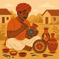 Artisan Painting Clay Pottery in Traditional Village Setting Illustration vector