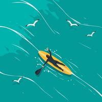 Paddling on Surfboard in Blue Ocean with Seagulls Flying Above vector