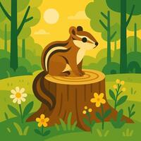 Chipmunk Sitting on Tree Stump in Sunny Forest Illustration vector