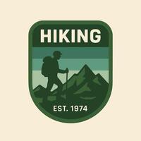 Hiking Badge Illustration with Person Walking Mountains and Established Date vector
