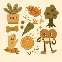 Collection of Whimsical Autumn Themed Objects with Cartoon Heart Character vector