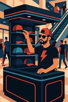 Person Selecting a Baseball Cap at Store in Shopping Mall vector