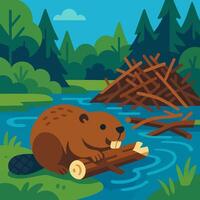 Beaver Building Dam by River Illustration in Forest Environment vector