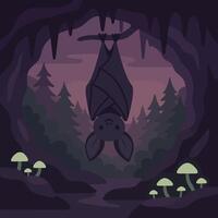 Bat Hanging Upside Down in a Dark Cave with Glowing Mushrooms vector