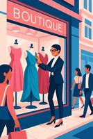 Woman Arranging Dresses in Shop Window Display with Passing People vector