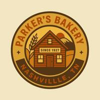 Rustic Cabin Illustration with Wheat and Mountain in a Circle Graphic vector