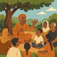 Man Telling Story to Group Under Tree in Nature Setting vector