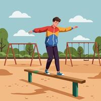 Boy Balancing on Beam at Park Playground with Swings vector