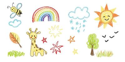 Kid doodle draw crayon or chalk hand scribble drawings set. vector