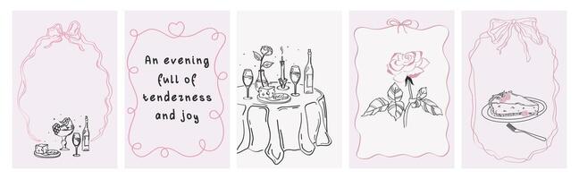 Set of vintage posters,postcards, invitations. Romantic Dinner Invitation. An evening full of tenderness and joy.Hand drawn sketches of a rose, a set table, a piece of cake for invitations vector