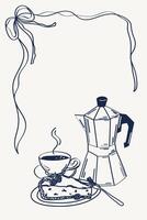 Hand drawn ventage illustration in pencil sketch style with coffee, cake and decorated with elegant frame with ribbon bow.Line art vector