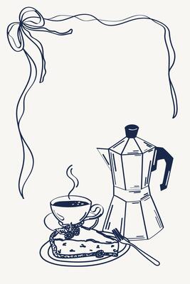 Hand drawn ventage illustration in pencil sketch style with coffee, cake and decorated with elegant frame with ribbon bow.Line art