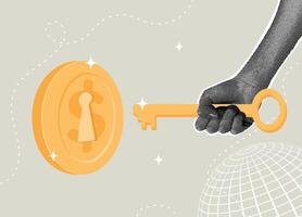 Trendy halftone collage. Unlocking financial success. The key to wealth and investment. Concept of financial success key, unlocking the secret investment reward, financial knowledge vector