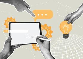 Trendy halftone collage. Investing in ideas. Brain, light bulb and coin. Concept idea to make money,profiting from a new idea,investing strategies vector