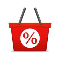 Red shopping basket with percent sign on white background vector