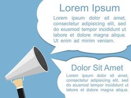 Hand holding megaphone and two speech bubbles for your text, flat design vector