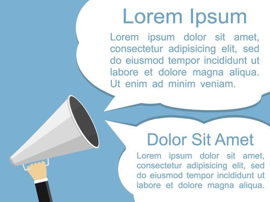 Hand holding megaphone and two speech bubbles for your text, flat design