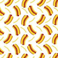 Hot dog pattern with mustard stripes on white background, fast food illustration for packaging, textile and menu design vector