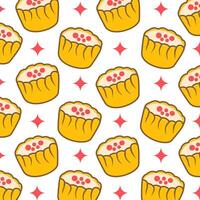 Repeat pattern of kawaii Chinese dim sum with decorative stars, perfect for cute food-themed packaging, textile prints, and digital backgrounds vector
