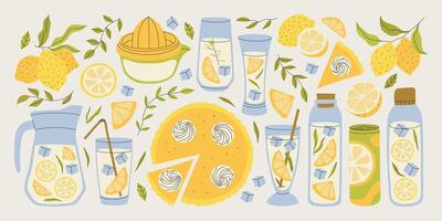 Lemonade in jar, mint cocktails cartoon set. Pitcher drinks with straw, lemon slice. illustration set of lemonade, cocktails, mocktails with various flavors for parties, summer drinks vector