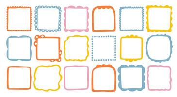 Doodle wave curve edge frame. Hand drawn wavy rectangle borders. Doodle brush drawn square and circle picture frame. illustration isolated on white background. vector