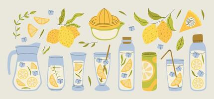 Summer refreshing lemonade in a jug and various glasses with lemon slices, ice and a straw. Citrus drink and ingredients for making homemade lemonade. Lemons and leaves for menu design. vector