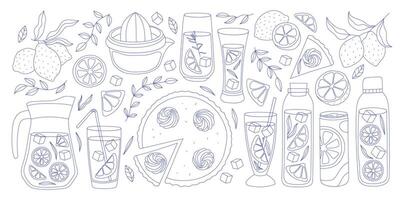 Hand drawn lemon set in line art style. Mediterranean blue lemon collection. Amalfi doodle drawing for t-shirt print, invitation, card, menu design. Italian Dolce vita summer element. vector