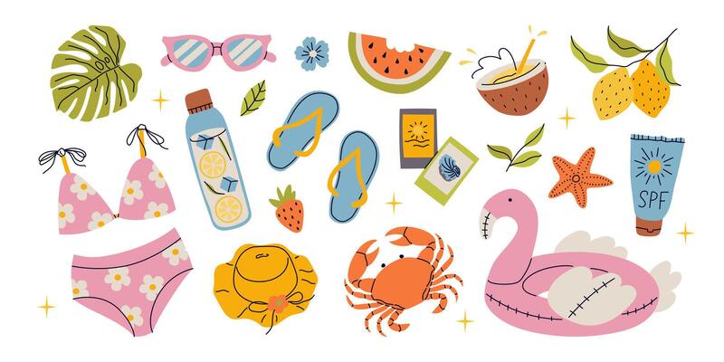 Cute Summer Stickers Set for daily planner. Collection of scrapbooking elements for beach party. Tropical vacation. illustration isolated on white background