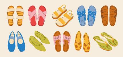 Set of colored summer sandals in cartoon style. illustration of various open summer sandals with straps, low and high platform isolated on white background. Summer cute slippers and sandals vector
