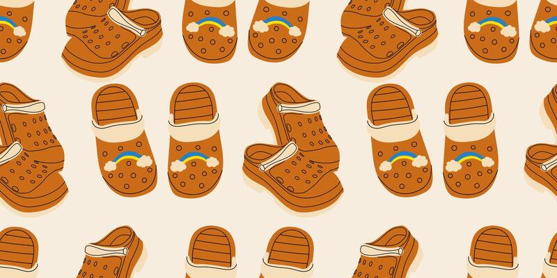 Seamless pattern with cute summer brown beach or home children's slippers. Endless texture with fashionable and stylish home shoes for print. Colored flat illustration.