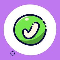 A kawaii sticker with a tiny green check mark on a purple background. vector