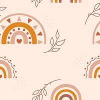 Baby seamless pattern drawn in Bohemian gender neutral colors. Colorful rainbows, beautiful twigs and random dots on a beige background. vector