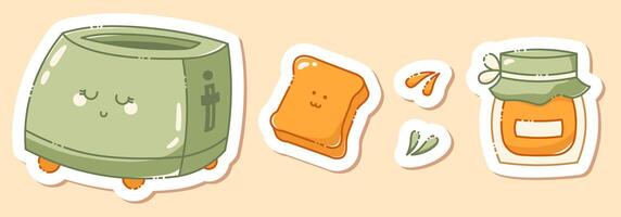 A set of cute coffee-themed stickers drawn in pastel colors including a toaster, a piece of bread, Jam and some tiny details. vector