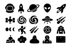 Space Icons Astronaut Rocket Alien Planet Galaxy UFO Meteor Astronautics Exploration vector