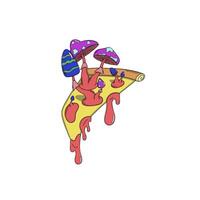 Psychedelic slice of pizza with surreal mushrooms sprouting from the cheese and crust, featuring vibrant colors, trippy. vector