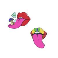 Red and multicolored lips with tongues sticking out, including one tongue with mushrooms growing on it. Surreal, psychedelic design with vibrant colors and whimsical details vector