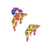Two psychedelic slices of pizza with surreal mushrooms and eyes sprouting from the cheese and crust, featuring vibrant colors, trippy. vector
