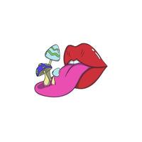 Surreal illustration of red lips with a tongue sticking out, from which various mushrooms are growing. Psychedelic, fantasy-inspired artwork with vibrant colors and imaginative details. vector
