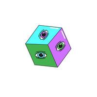 Surreal colorful cube with eyes on each face. Abstract 3D geometric shape in vibrant tones. Modern psychedelic illustration with hand-drawn details vector