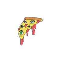 Psyhedelic slice of pizza featuring multiple eyes and mouths emerging from the cheese and crust, blending absurdity with body horror in a psychedelic, hand-drawn style vector