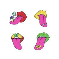 Surreal lips in various colors, red, yellow, green, and multicolored, with tongues sticking out, featuring imaginative elements like smiling emoji faces, colorful pills, and whimsical mushrooms. vector