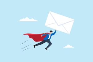 Flat illustration of professional businessman hero flying and deliver big envelope client communication email marketing customer subscription newsletter vector